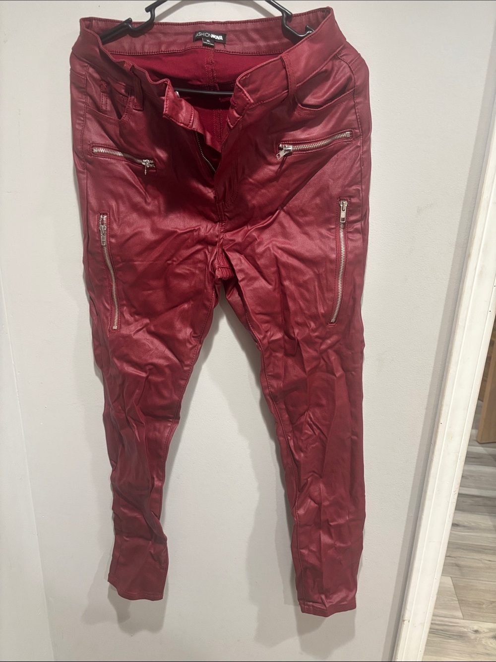 Fashion Nova Wine Red Faux Leather Skinny Moto Pants